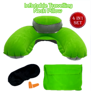 4In1 Double Part Inflatable Travelling Pillow Set With Eye Mask Ear Plug And Pouch Air-inflated is Soft And Comfortable (travelling_pillow_2_green) Light Green - 103354537