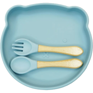 Baby Feeding Dining Plate Cartoon Kids Dishes Eating 1 Plate Plus 2 Spoon Silicone Set Blue icon