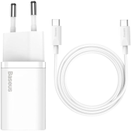 Baseus Super Si Quick Charger 1C 25W EU Sets White（With Mini White Cable Type-C to Type-C 3A 1m White）