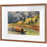 Boat and Hill Watercolor Painting - (16X13)inches
