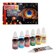 Camel Glass Colours Set (Solvent Based) 5 Colors 1pc Medium 1pc Liner for Glass Painting