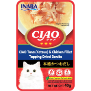 Ciao Clear Soup Tuna Katsuo and Chicken Fillet Topping Dried Bonito Pouch Cat Food 40 gm