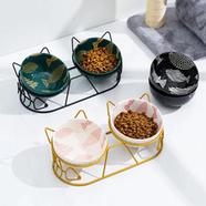 Cute Ceramic Cat Dog Bowl Dish with Iron Stand No Spill Pet Food Water Feeder Cat Ear Shape Cats Small Dogs Pet Bowl