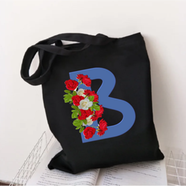 B-Letter Canvas Shoulder Tote Shopping Bag With Flower