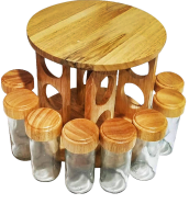 Exceotional Quality - Wooden Revolving Glass Spice Rack 8 Piece Condement Set Spice Jar Kitchen Organizer - Innovative Design