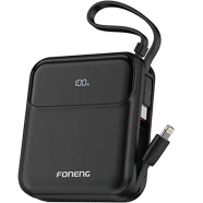 FONENG PX111 10000mAh Mini 22.5W Power Bank with 2 Built-in Cables- Black