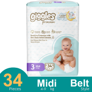 Giggles Premium Belt System Diaper Anti Rash (Midi) (4-9Kg) (34 Pcs)