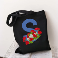 S-Letter Canvas Shoulder Tote Shopping Bag With Flower 