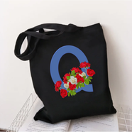 Q-Letter Canvas Shoulder Tote Shopping Bag With Flower 