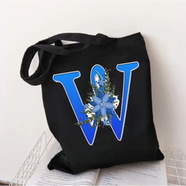 W-Letter Canvas Shoulder Tote Shopping Bag With Flower 