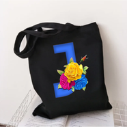 J-Letter Canvas Shoulder Tote Shopping Bag With Flower 
