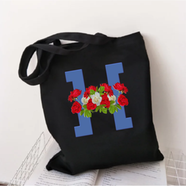 H-Letter Canvas Shoulder Tote Shopping Bag With Flower 