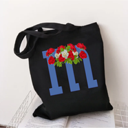 M-Letter Canvas Shoulder Tote Shopping Bag With Flower 