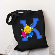 K-Letter Canvas Shoulder Tote Shopping Bag With Flower 