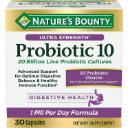 Nature’s Bounty Probiotic 10 Ultra Strength Daily Probiotic Supplement Support for Digestive Immune and Upper Respiratory Health 1 Pack 30 Capsules