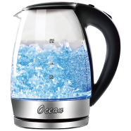 Ocean Electric Kettle 2 Ltr, Glass Kettle with Stainless Steel Filter, Inner Lid and Bottom, with Blue LED Indicator Light, Auto Shut Off and Boil Dry Protection, Cordless,BPA Free 1500W