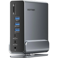 VENTION TPUH0 USB-C To DP/HDMI x 2/USB 3.2 Gen 2 Type-C/USB 3.2 Gen 2 Type-A x 2/USB 3.2 Gen 1 Type- C/USB 3.0/USB 2.0 x 2/RJ45/SD/TF/3.5mm TRRS/PD MST Docking Station Gray Vertical Aluminum Alloy Type