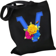 V-Letter Canvas Shoulder Tote Shopping Bag With Flower 