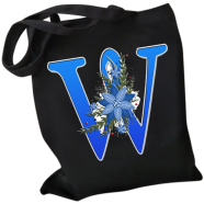 W-Letter Canvas Shoulder Tote Shopping Bag With Flower 