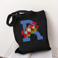  R-Letter Canvas Shoulder Tote Shopping Bag With Flower