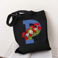  P-Letter Canvas Shoulder Tote Shopping Bag With Flower