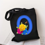 O-Letter Canvas Shoulder Tote Shopping Bag With Flower
