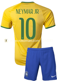 Brazil NEYMAR JR 10 Home Jersey : Special Half Sleeve Jersey With Short Pant (For Kids) 