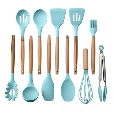 11-Piece Nonstick Silicone Kitchen Utensils Set with Wooden Handles and Storage Bucket image