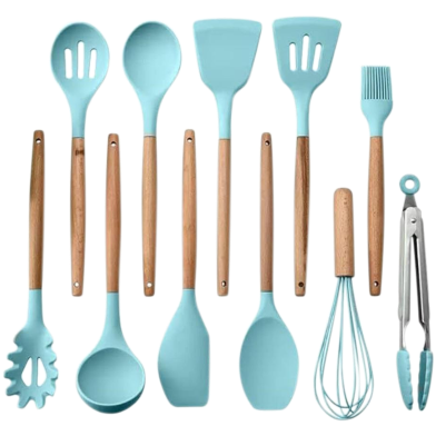 11-Piece Nonstick Silicone Kitchen Utensils Set with Wooden Handles and Storage Bucket image