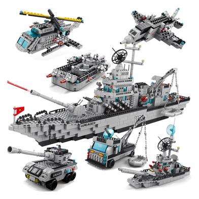 1560pcs 6 IN 1 Military Navy Ship Sets Building Blocks Toys Brick Aircrafted Carrier Army Warship WW2 Heavry Tank Helicopters image