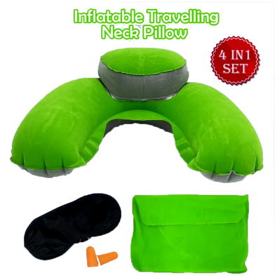 4In1 Double Part Inflatable Travelling Pillow Set With Eye Mask Ear Plug And Pouch Air-inflated is Soft And Comfortable (travelling_pillow_2_green) Light Green image