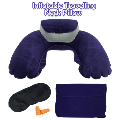 4In1 Double Part Inflatable Travelling Pillow Set With Eye Mask Ear Plug And Pouch Air-inflated is Soft And Comfortable (travelling_pillow_2_blue) Blue image