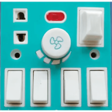 5 In 1 AC 250V 6A Combine 4 Pcs Gang Switch With Fan Dimmer Regulator 2 Pin Socket LED Indicator and Fuse Multicolor Combine Wall Gang All In One- Blue Color image