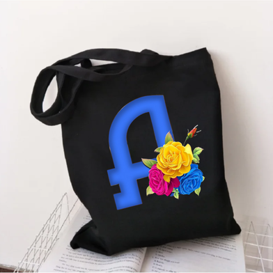 A- Letter Women Canvas Shoulder Tote Bag With Flower image