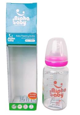 Alpha Baby Feeding Bottle with Soft Silicone Nipple 120ml (Glass) - Pink image