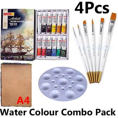 Artist Water Colour Combo Pack-A4 Handmad Pad,Round Colour palette,Brush set,Camel Artist Water colour Set 12 Shades 5ml image