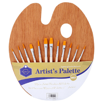 Artist`s Wood Palette With 12 Pcs Brushes Set image