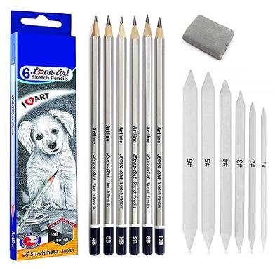 Artline Set of 6 Sketch Pencils / Blending/Smudging Stumps Set of 6 (Size 1 to 6) and One Kneadable Eraser for Graphite and Charcoal Pencils image