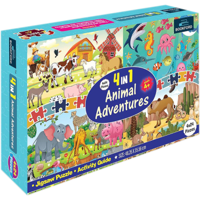 BOOKFORD 4 in 1 Animals Adventures Jigsaw Puzzle Game and Fun and Learning (96 Pcs) image