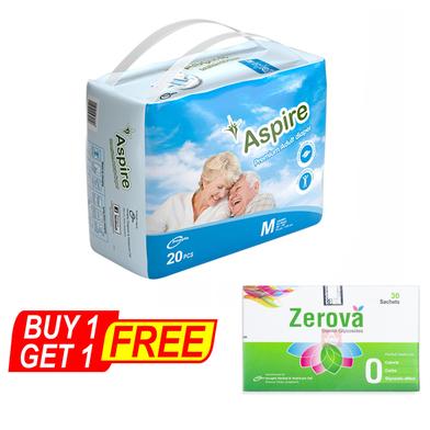 BUY 1 Aspire Premium Unisex Adult Diaper (M Size) (76-116 cm) (20pcs) GET 1 Zerova Powder for Suspension (30 Sachets) FREE image