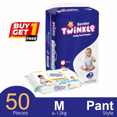 BUY 1 Savlon Twinkle Baby Pant System Baby Diaper (M Size) (6-12 kg) (50pcs) GET 1 Savlon Twinkle Baby Wipes Pouch 120pcs FREE image
