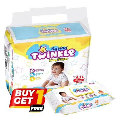 BUY 1 Savlon Twinkle Baby Belt System Baby Diaper (XXL Size) (15-30kg) (24pcs) GET 1 Savlon Twinkle Baby Wipes Pouch 120pcs FREE image