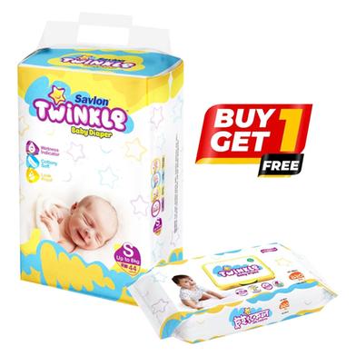 BUY 1 Savlon Twinkle Baby Belt System Baby Diaper (S Size) (Up to 8kg) (44pcs) GET 1 Savlon Twinkle Baby Wipes Pouch 120pcs FREE image