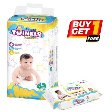 BUY 1 Savlon Twinkle Baby Belt System Baby Diaper (L Size) (7-18kg) (36pcs) GET 1 Savlon Twinkle Baby Wipes Pouch 120pcs FREE image