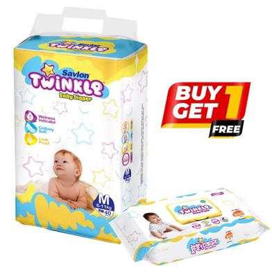 BUY 1 Savlon Twinkle Baby Belt System Baby Diaper (M Size) (6-11kg) (40pcs) GET 1 Savlon Twinkle Baby Wipes Pouch 120pcs FREE image