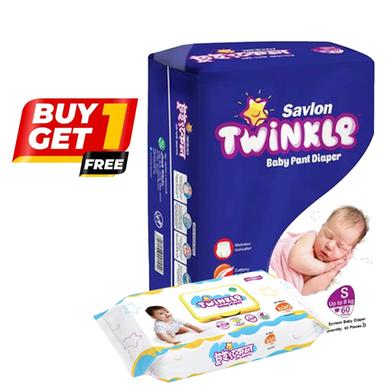 BUY 1 Savlon Twinkle Baby Pant System Baby Diaper (S Size) (Up to 8kg) (60pcs) GET 1 Savlon Twinkle Baby Wipes Pouch 120pcs FREE image