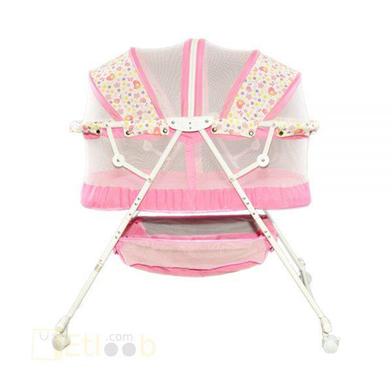 Babies folding Cribs with 4 wheels, with a bottom basket and mosquito nets also Customized to Rocking Bed- Pink image