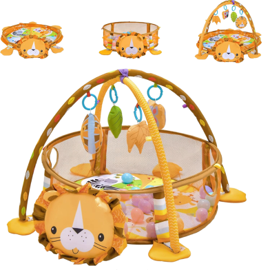 Baby Activity Gym And Ball Pit Infant Play Lion Mat with 4 Hanging Toy 30 Colorful Balls 4 in1 image