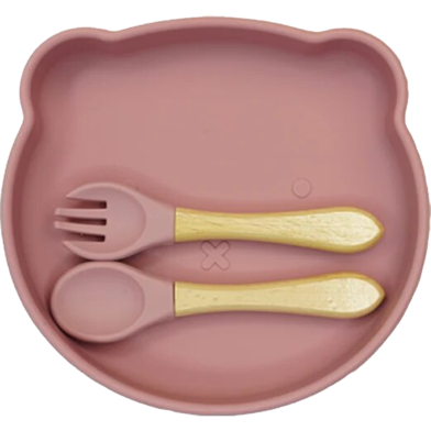 Baby Feeding Dining Plate Cartoon Kids Dishes Eating 1 Plate Plus 2 Spoon Silicone Set Pink image
