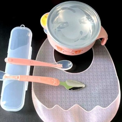Baby Food Bowl, Two Head Spoon, Slicone Spoon, Full Silicone Bib, Full Set of Tools Package (No Box) image